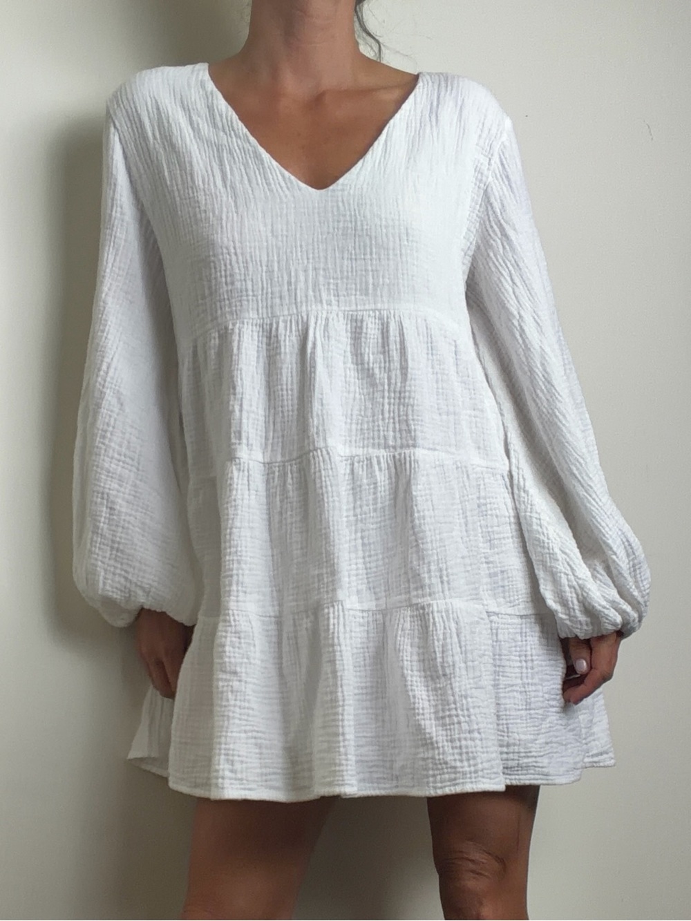 CHARLIE HOLIDAY Agatha White Long Sleeve Tiered Babydoll Cotton Mini Dress 6